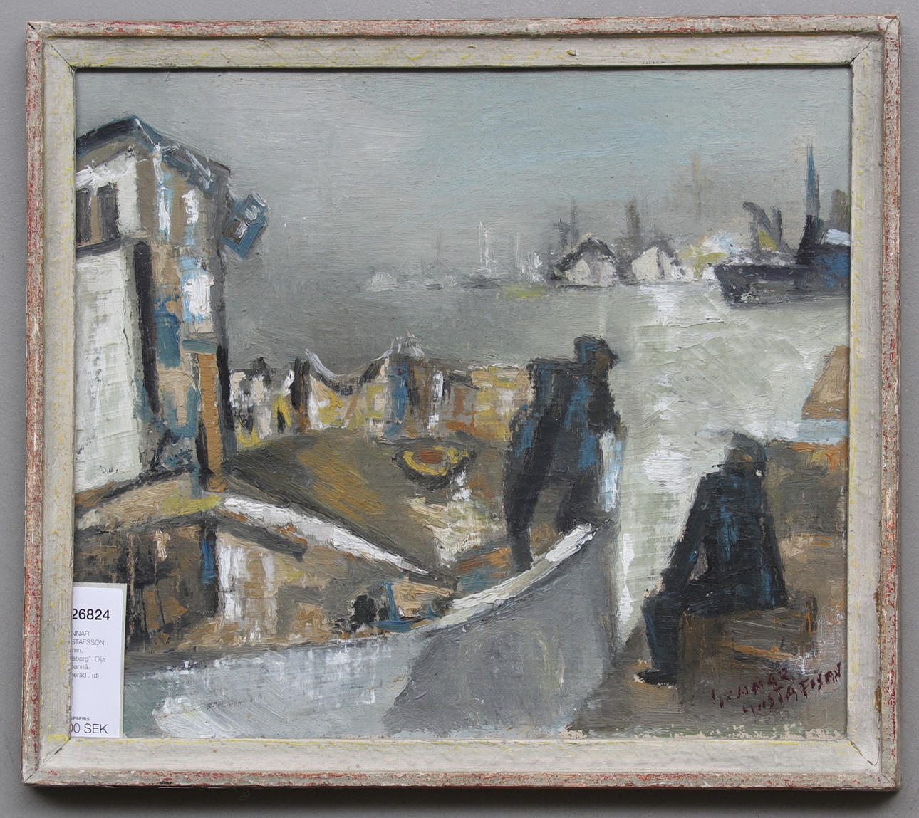 GUNNAR GUSTAFSSON. "Hamn, Göteborg". Olja på pannå. Signerad .