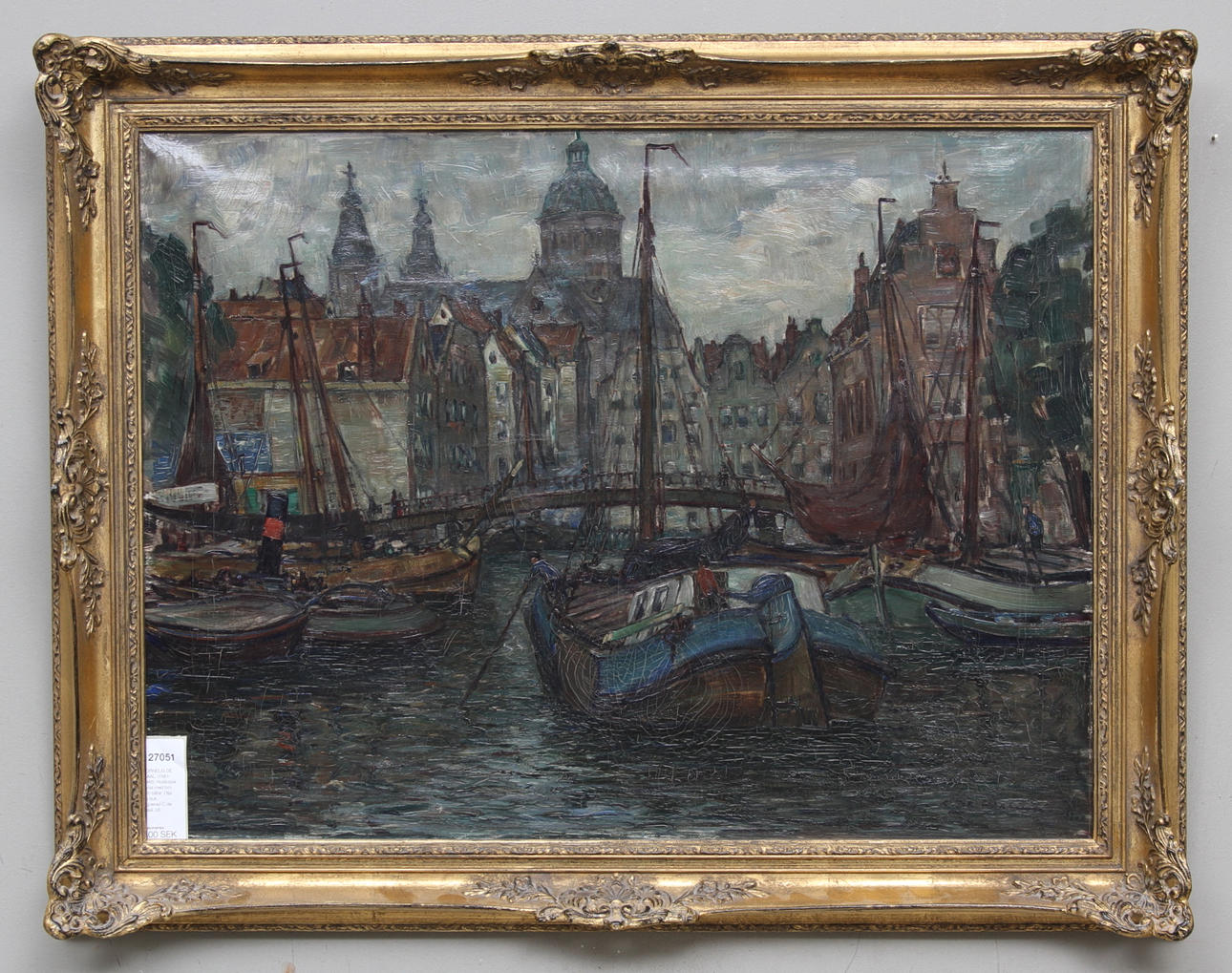 CORNELIS DE WAAL. (1881-1946). Holländsk kanal med bro och båtar. Olja på duk. Signerad C de Waal.