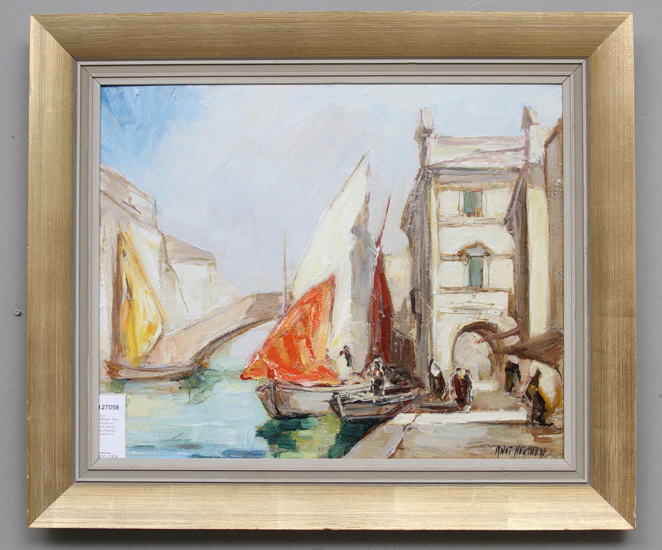 KNUT NORMAN. Motiv med båt och kanal, Vendig. Olja på pannå. Signerad.