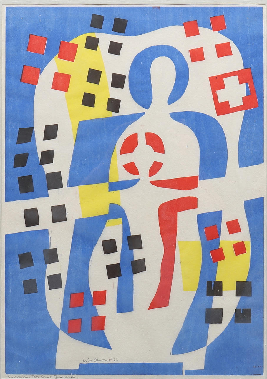 ERIK OLSON. linocut, Composition with figure, proof, signed, dated 1962.