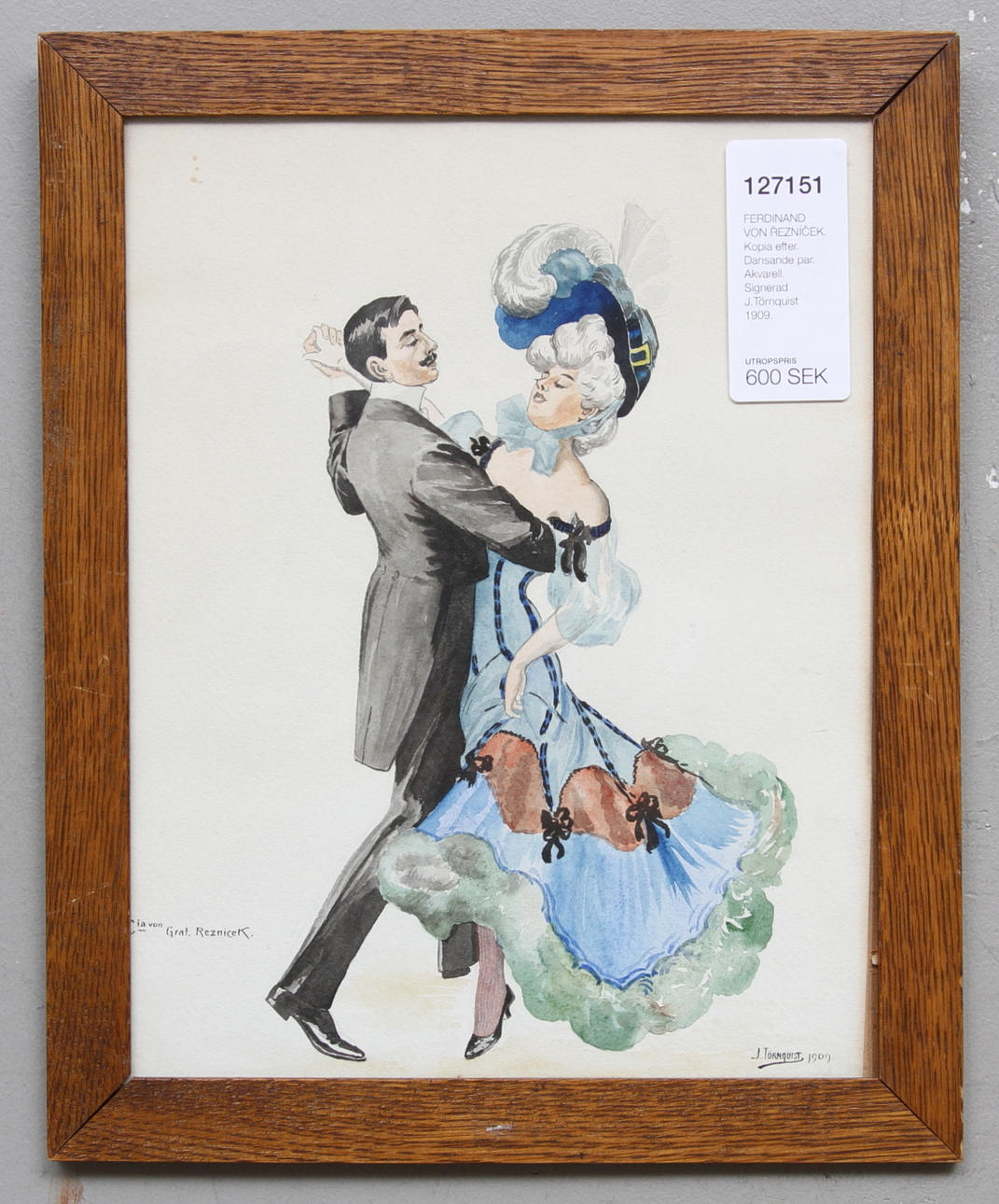 FERDINAND VON ŘEZNÍČEK. Kopia efter. Dansande par. Akvarell. Signerad J.Törnquist 1909.