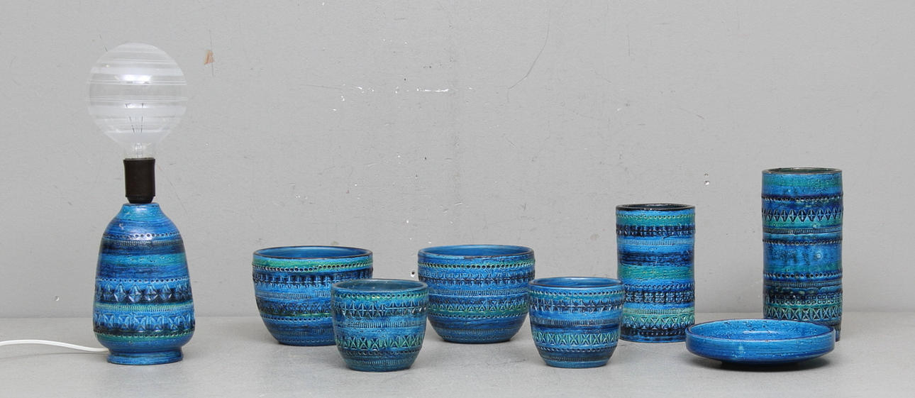 PARTI KERAMIK, 8 delar, Bitossi, Aldo Londi, bl.a. Rimini Blue.