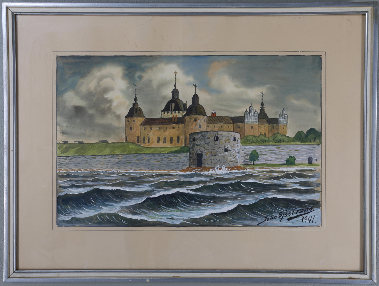 JOHN SJÖSTRAND. Akvarell/blandteknik "Kalmar Slott", signerad och daterad.