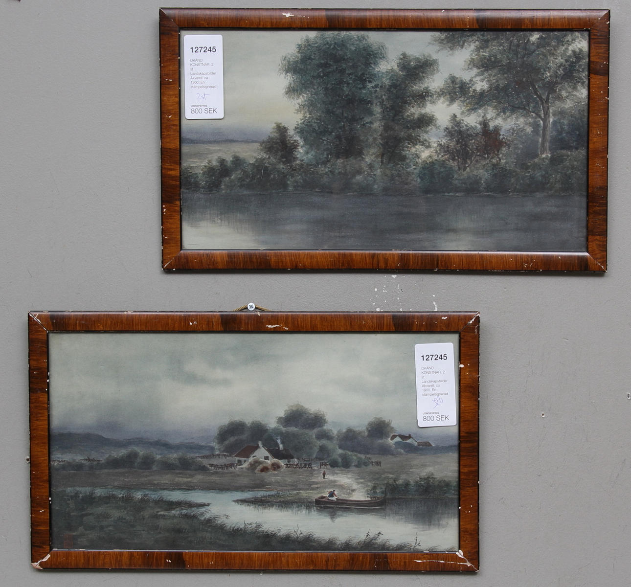 OKÄND KONSTNÄR. 2 st. Landskapsbilder. Akvarell. ca 1900. En stämpelsignerad.