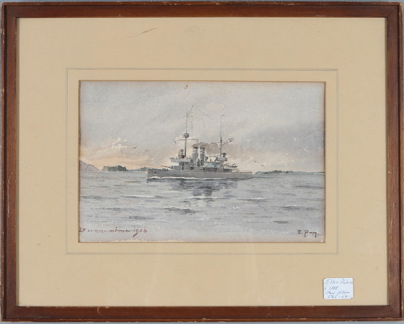 ELLEN PALM. Akvarell, Marint motiv, "Ett sommarminne 1906", Signerad.