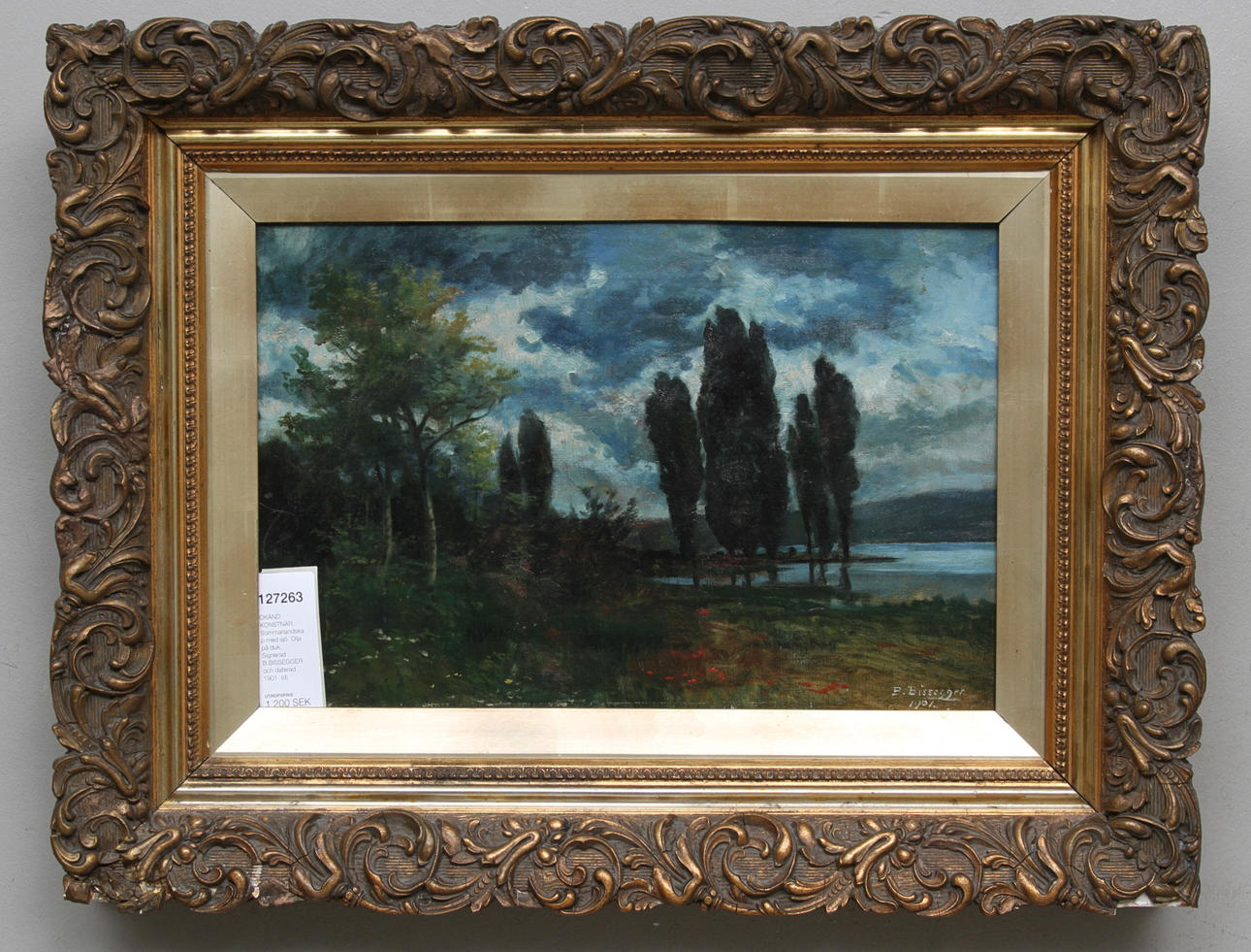 OKÄND KONSTNÄR. Sommarlandskap med sjö. Olja på duk. Signerad B.BISSEGGER och daterad 1901.