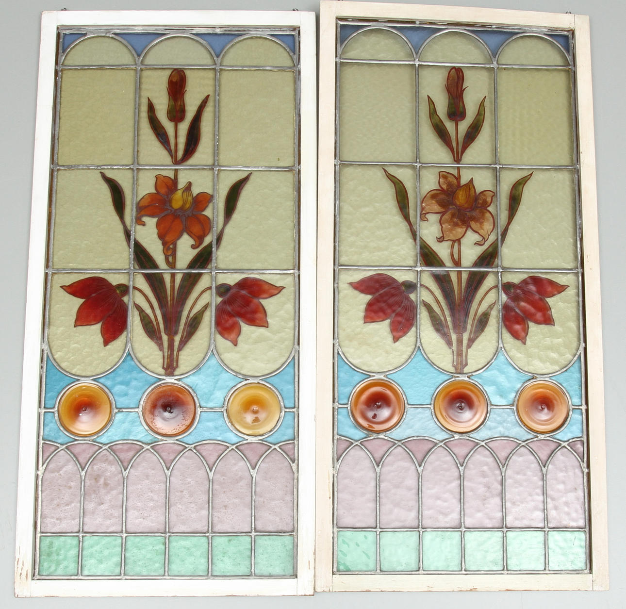 BLYGLASFÖNSTER 1 par, jugend , tidigt 1900-tal.