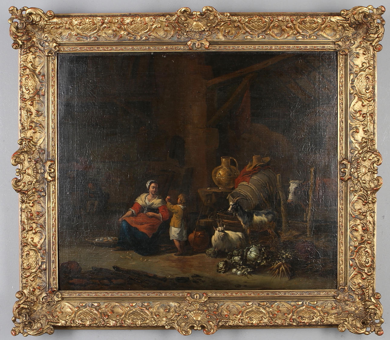 CORNELIS SAFTLEVEN. TILLSKRIVEN. Interiör med mor och barn, olja på duk.