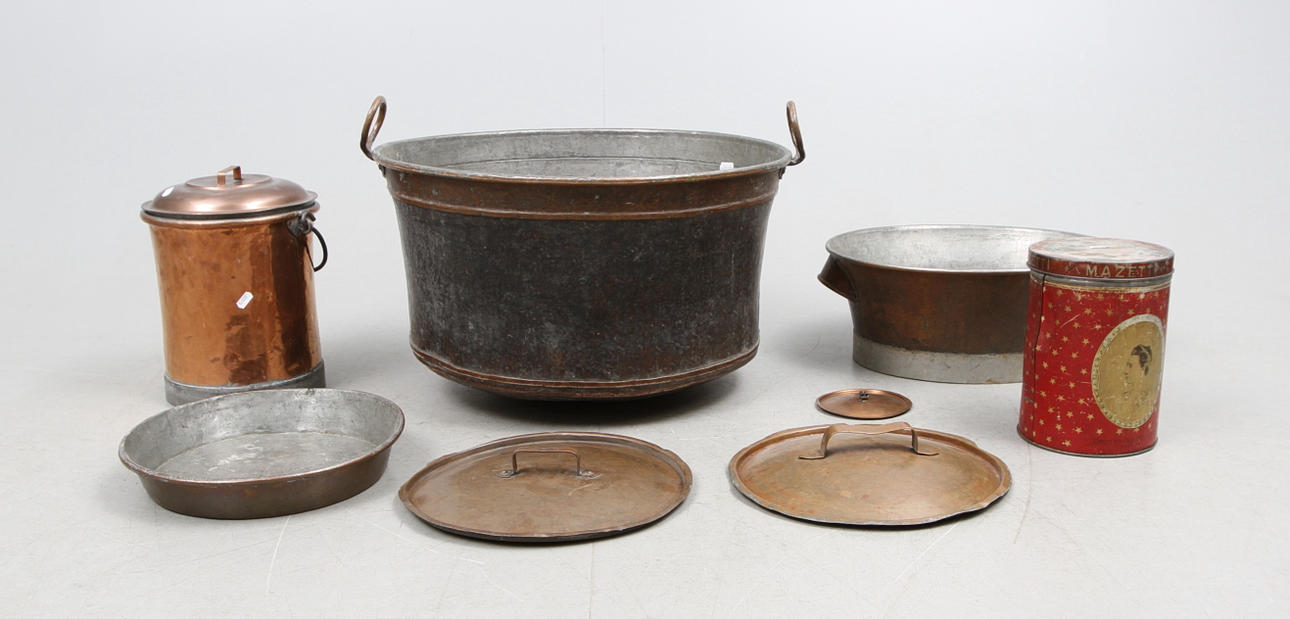 KOPPARFÖREMÅL, 6 delar. 1800/1900-tal + PLÅTBURK.