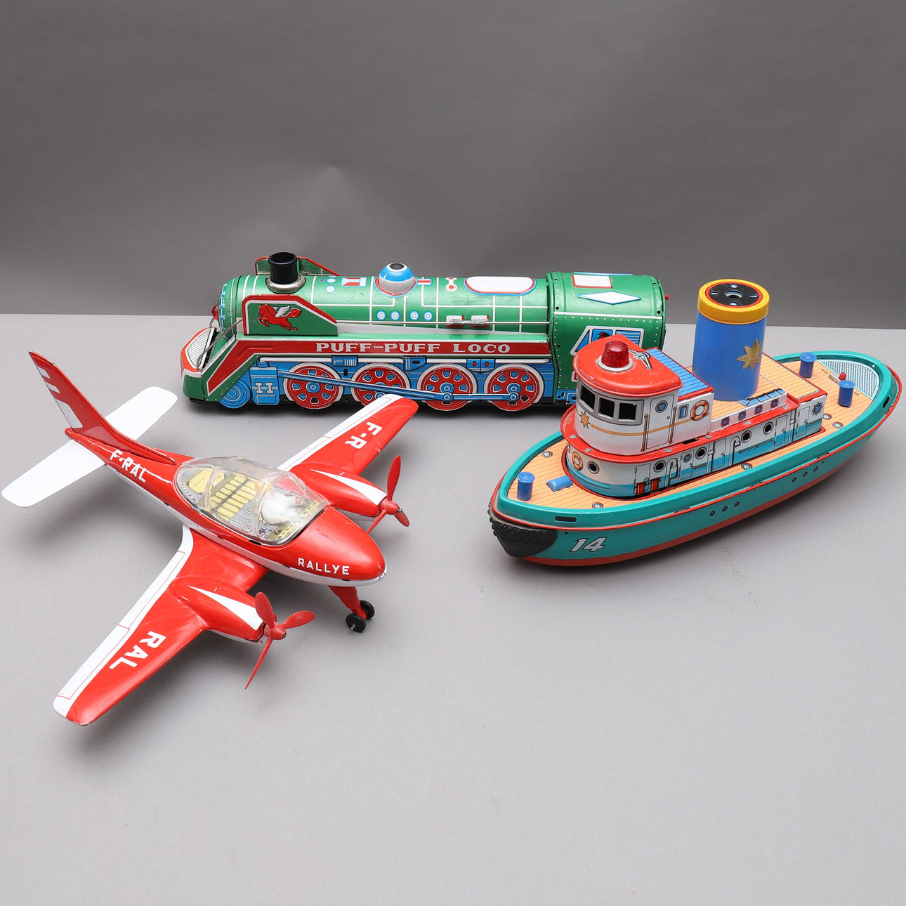 BLECHSPIELZEUG, 3 Stück, Zug, Boot, Flugzeug.