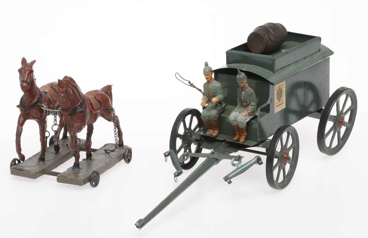 GILLISCHEWSKI (GILLING) hästanspänd vagn FELDPOST, kusk och bisittare. Tyskland 1910 - 1930.