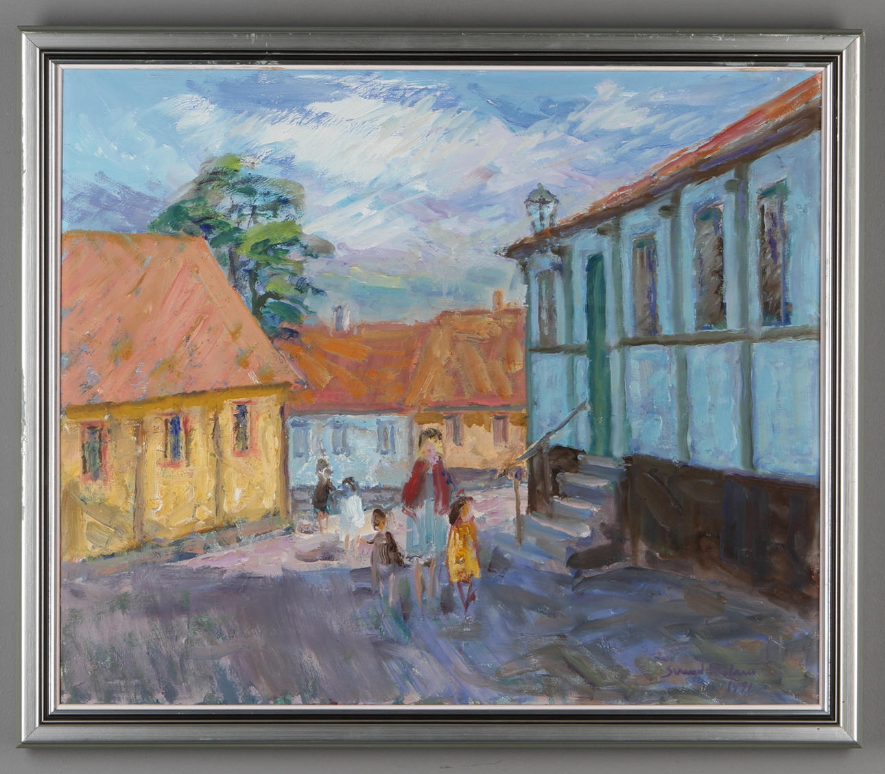 SVEND NIELSEN. Bylandskap. olja på duk, signerad samt daterad 1991.