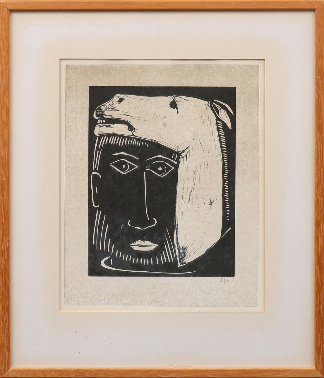 版画 Ake Holm Lithograph #235 Utvisningen ÅKE HOLM. Horse head and human face, lithography, signed Å Holm