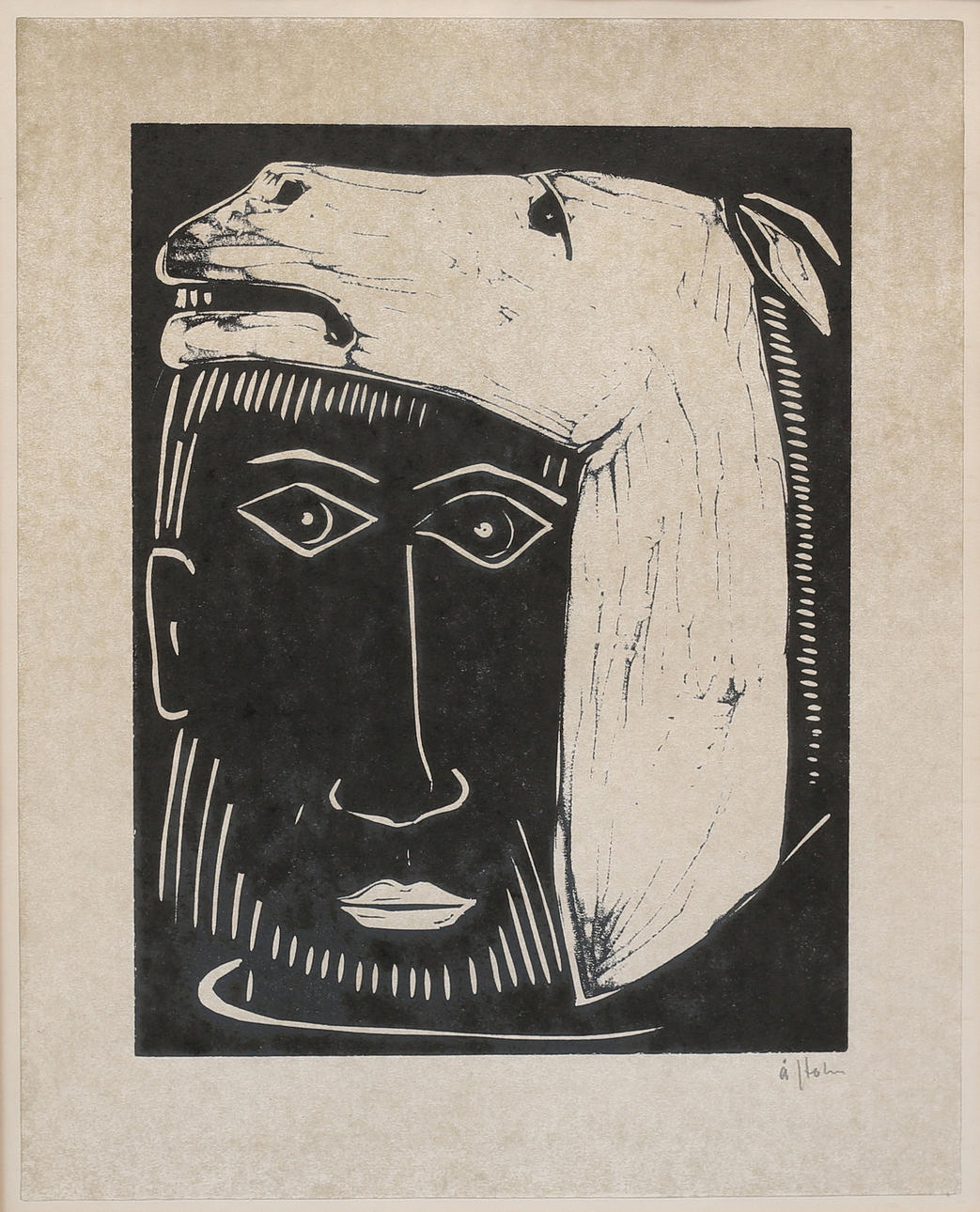 版画 Ake Holm lithograph #205 Jeremias ÅKE HOLM. Horse head and human face, lithography, signed Å Holm