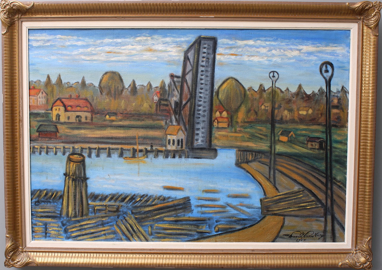 UNKNOWN ARTIST, oil on canvas, "Klaffbron Vänersborg", signed David Lundberg 1954.
