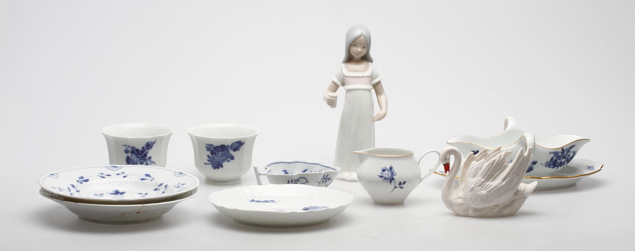 KERAMIKFÖREMÅL, 9 delar, bl.a. Royal Copenhagen, Meissen.