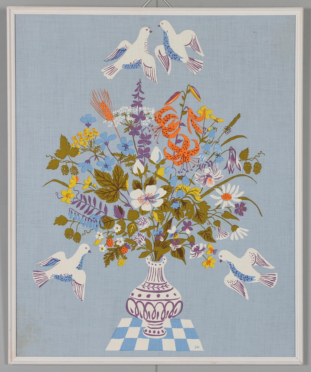 TEKSTIL, håndtryk "Doves" Lisbet Jobs.