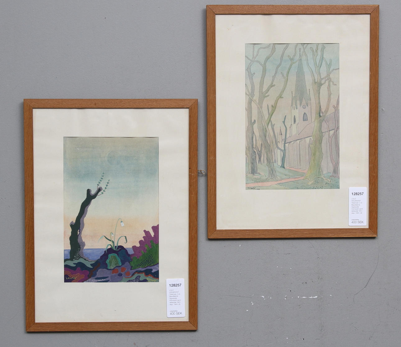 LOLO HOLMQVIST. TILLSKRIVEN. 2 st. Blandteknik. Signerade Holmqvist samt daterade 1943 resp. 1944.