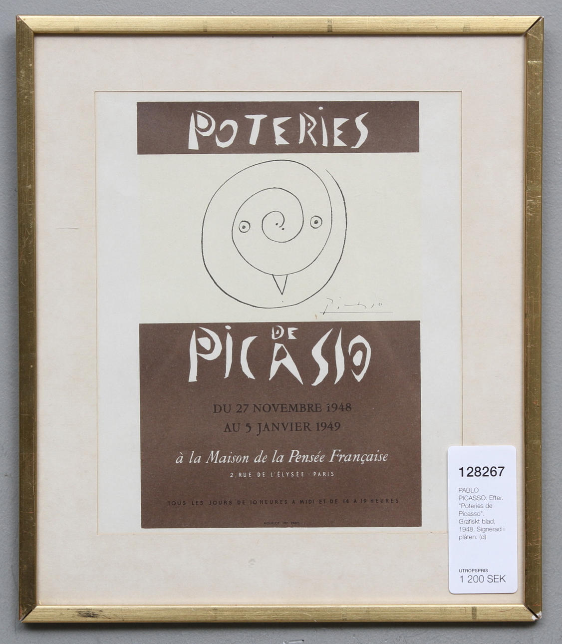 PABLO PICASSO. EFTER. "Poteries de Picasso". Grafiskt blad, 1948. Signerad i plåten.