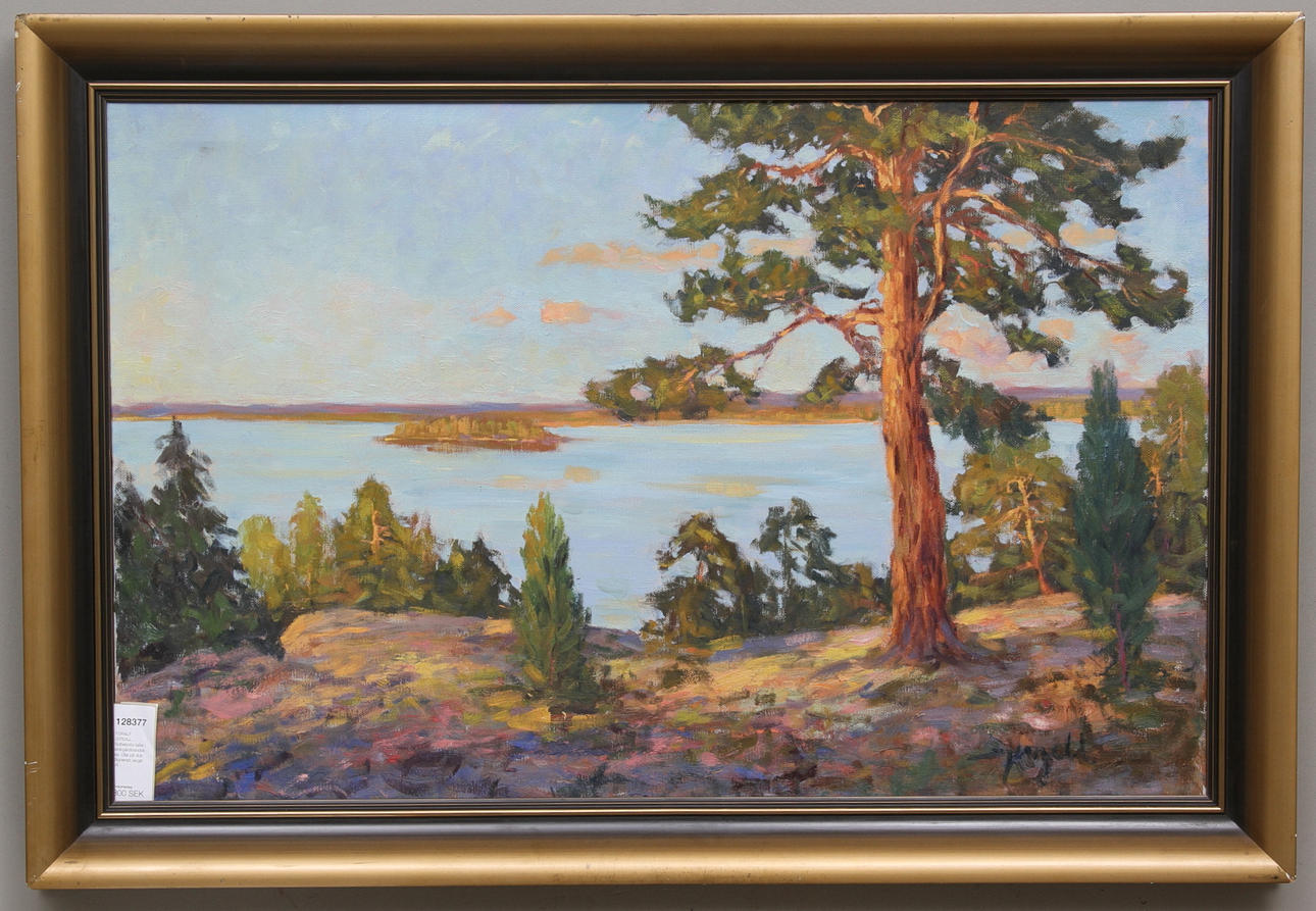 TORALF JERGILL. Solbelysta tallar i skärgårdslandskap. Olja på duk. Signerad Jergill.