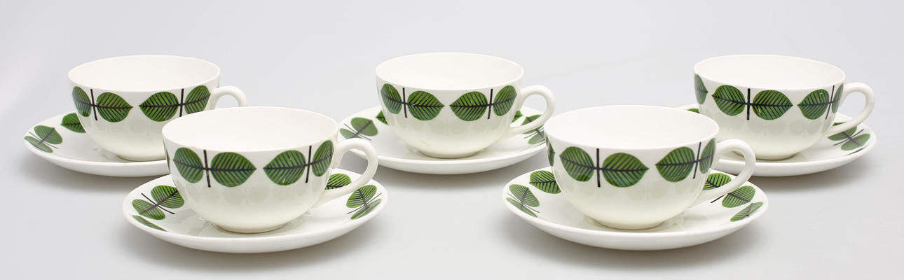 KAFFEKOPPAR MED FAT, 5 delar, porslin, Berså, Stig Lindberg, Gustavsberg.