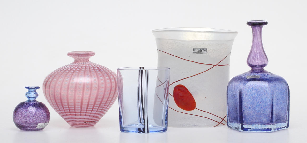 PARTI KONSTGLAS, 5 delar, Bertil Vallien, Kosta Boda, sign.