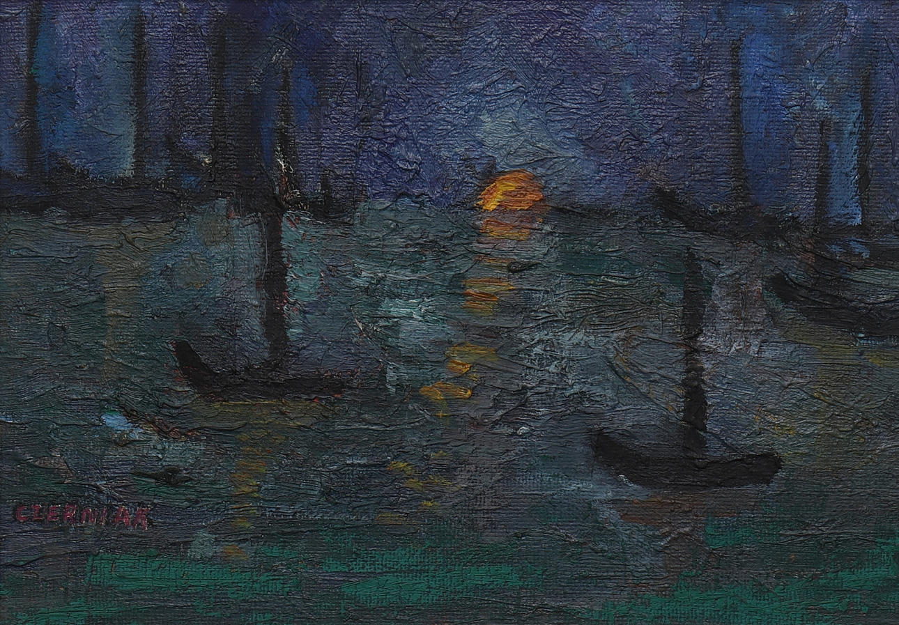 PETER CZERNIAK. oil on Board, Sunset, signed.