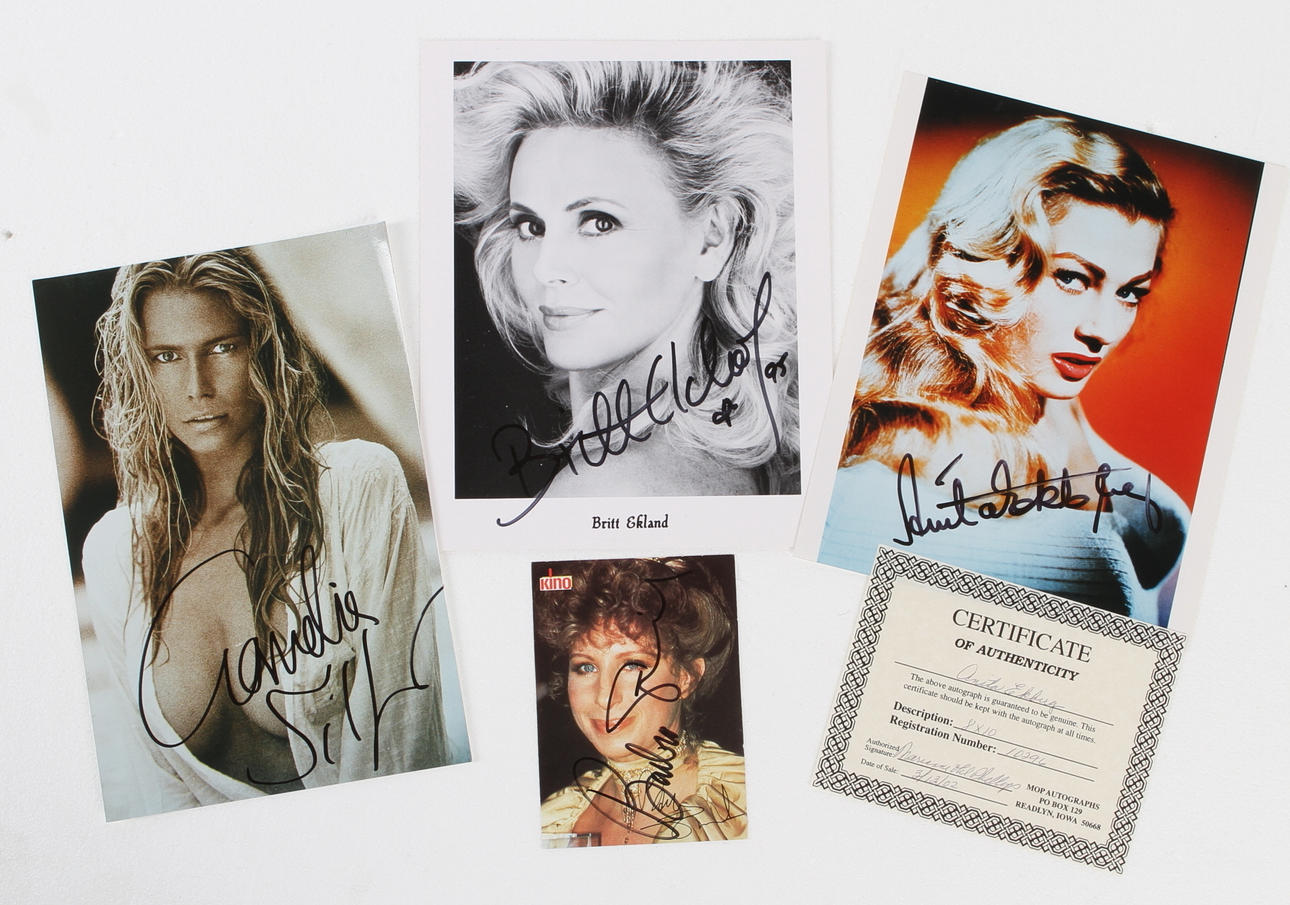 AUTOGRAFER, 4 st, Anita Ekberg, Britt Ekland, Claudia Schiffer, Barbra Streisand.