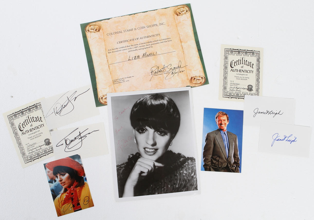 AUTOGRAFER, 6 st, Tommy Steele, Liza Minelli, Tom Jones, Janet Leigh.