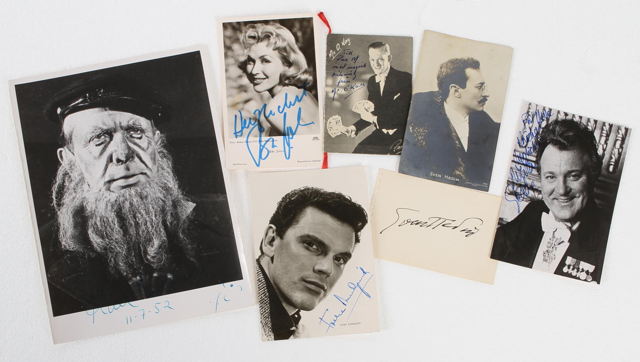 AUTOGRAFER, 6 st, Karl Gerhard, Sven Hedin, Nicolai Gedda, Mr. O. Kay, Bibi Johns, Folke Sundquist.