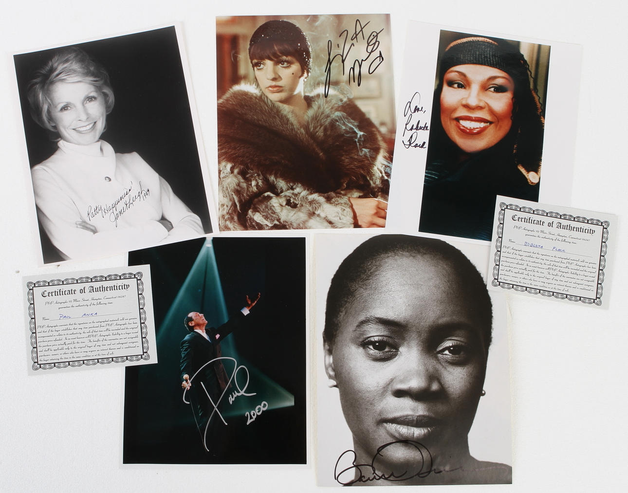 AUTOGRAFER, 5 st, Liza Minelli, Paul Anka, Janet Leigh, Roberta Flack, Barbara Hendricks.