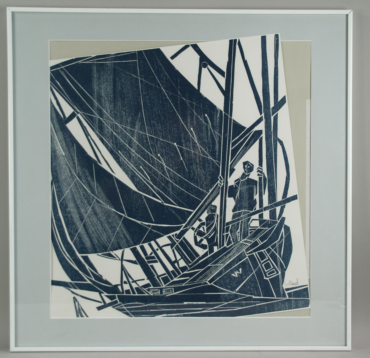 WILLAND, DETLEF. Das Segelboot, Farbholzschnitt in Blau.