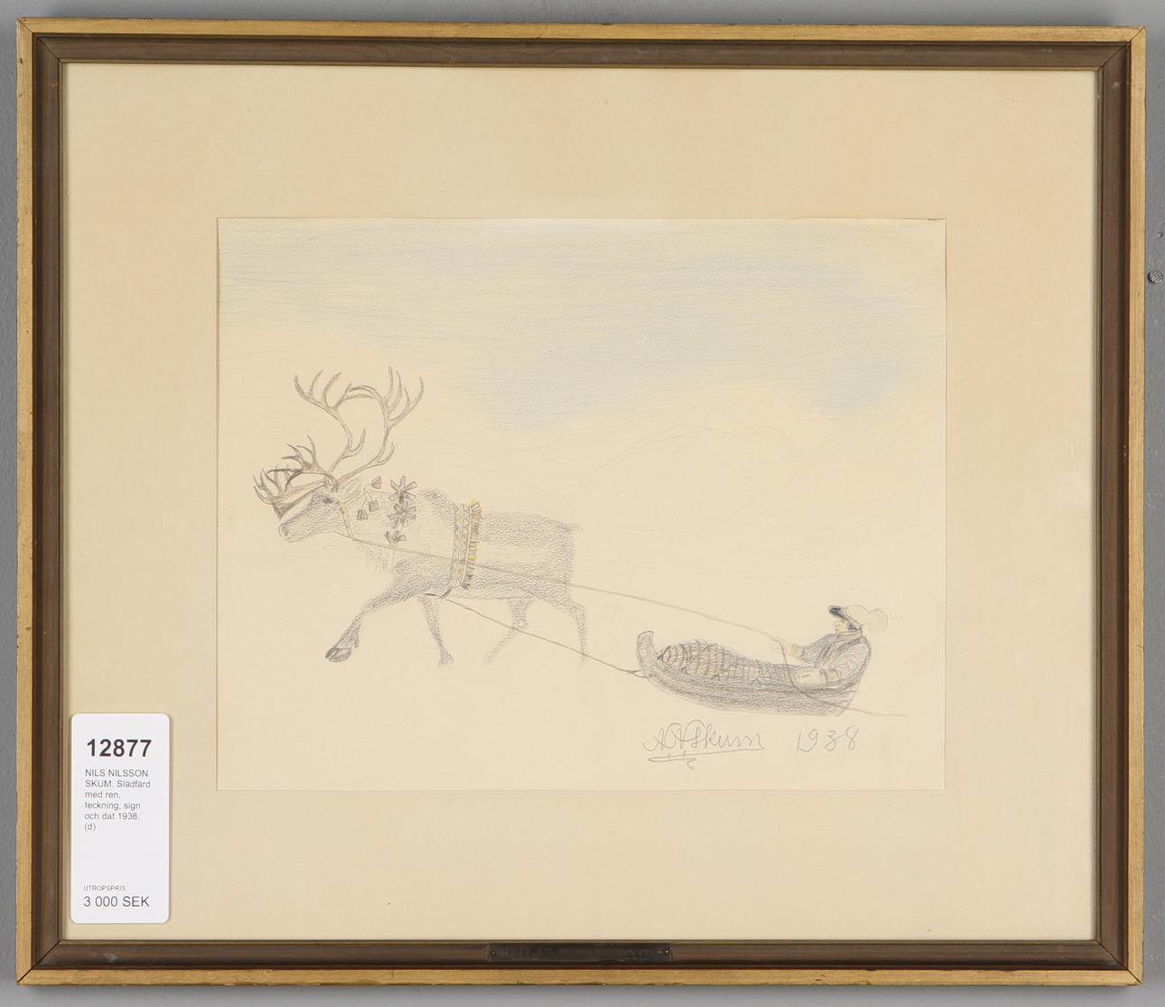 NILS NILSSON SKUM. Slädfärd med ren, teckning, sign och dat 1938.