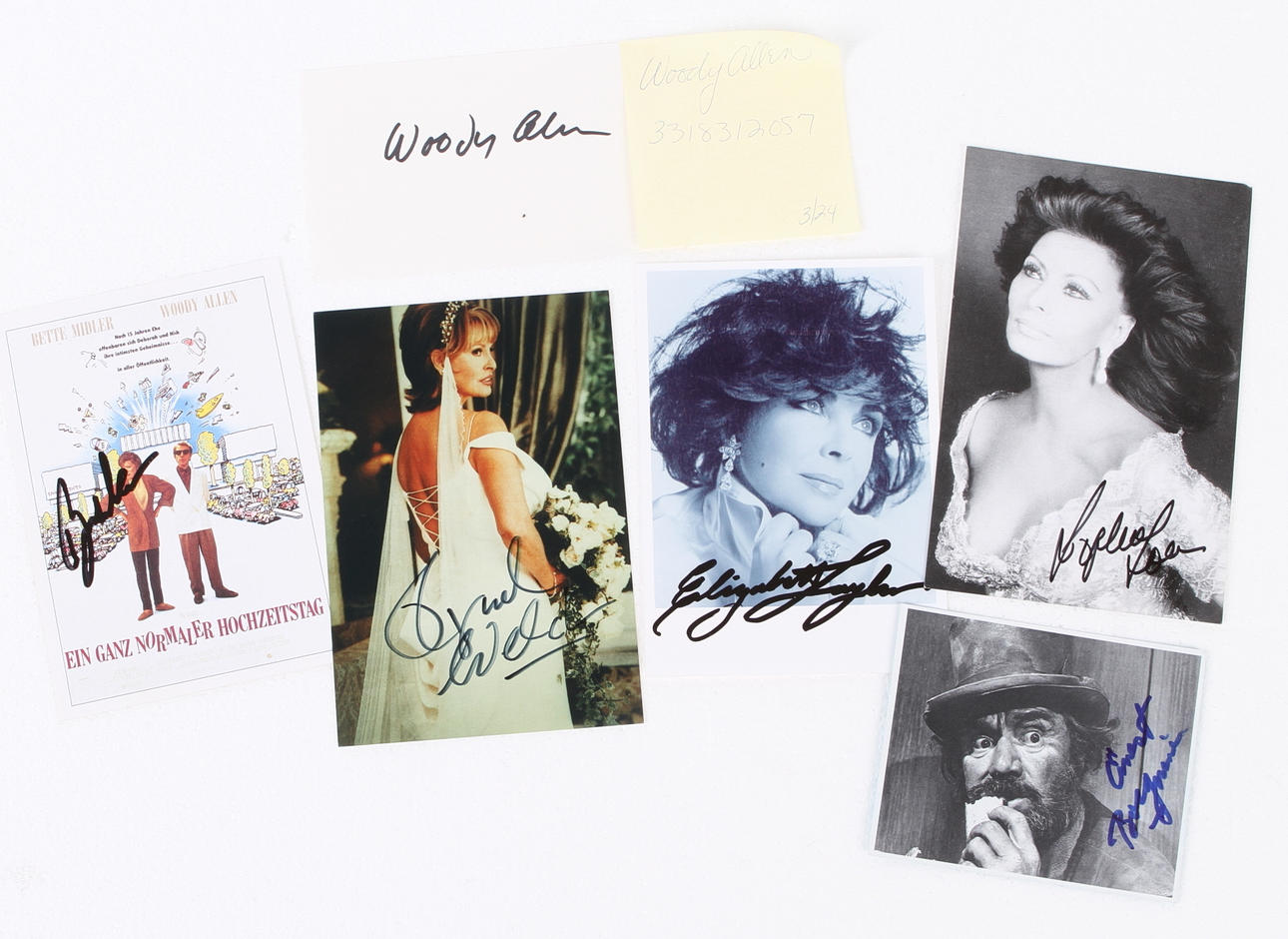 AUTOGRAFER, 6 st, Bette Midler, Sophia Loren, Woody Allen, Raquel Welch, Elizabeth Taylor, Ernest Borgnine.