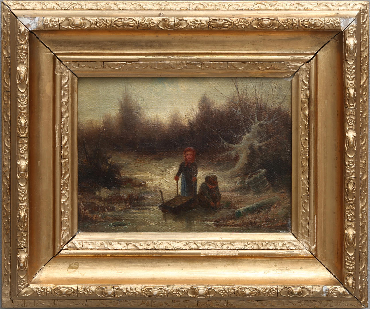 JAN AF PETERSÉN. VINTERBILD MED BARN VID VATTENDRAG.