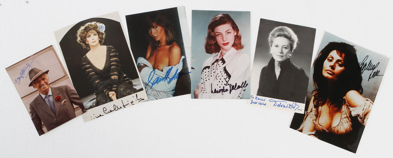 AUTOGRAFER, 6 st, Gina Lollobrigida, Sophia Loren, Douglas Fairbanks, Lauren Bacall, Sophia Loren, Deborah Kerr.