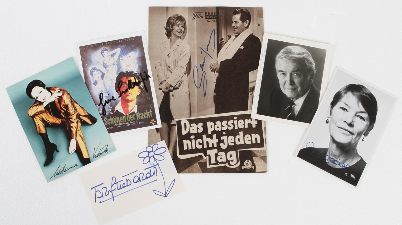 AUTOGRAFER, 6 st, Brigitte Bardot, Gina Lollobrigida, Shirley Jones, Caterina Valente, Glenda Jackson, Jimmy Stewart.