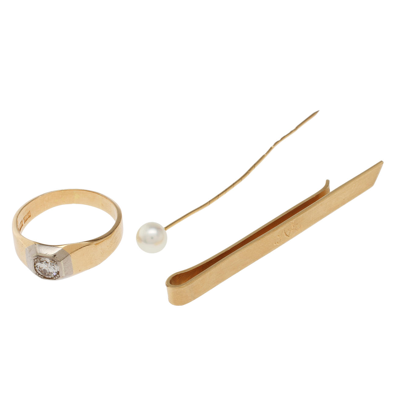 SLIPSNÅL, RING samt NÅL, 18k guld, ca 16 gram.