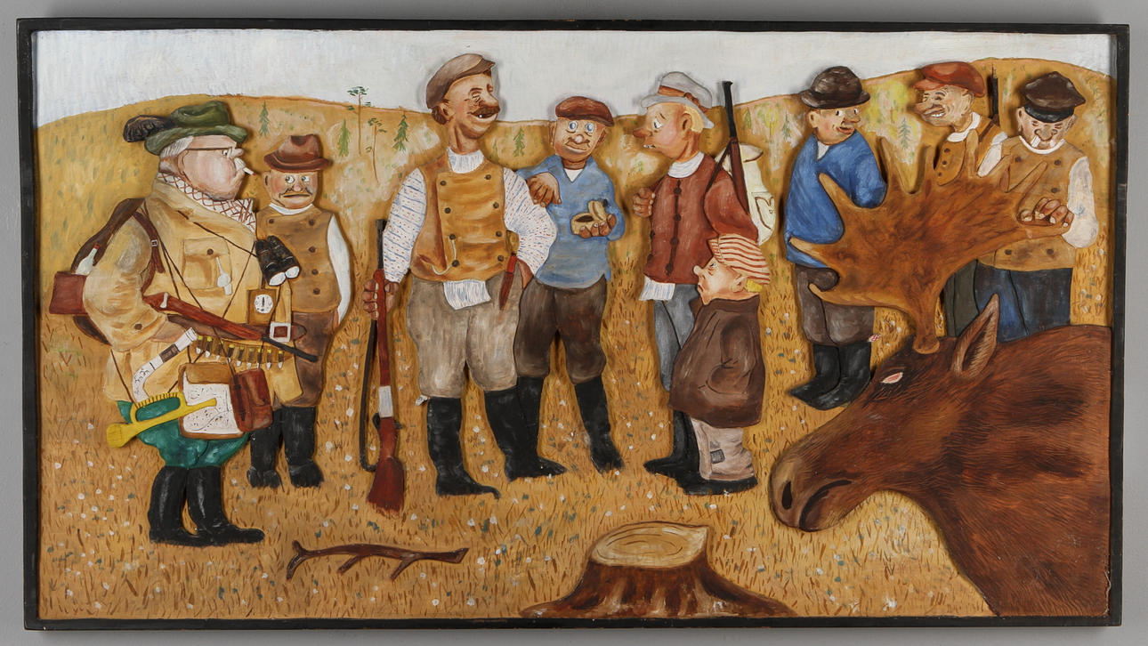 OKÄND KONSTNÄR. Älgjakt, snidad trätavla, osignerad.