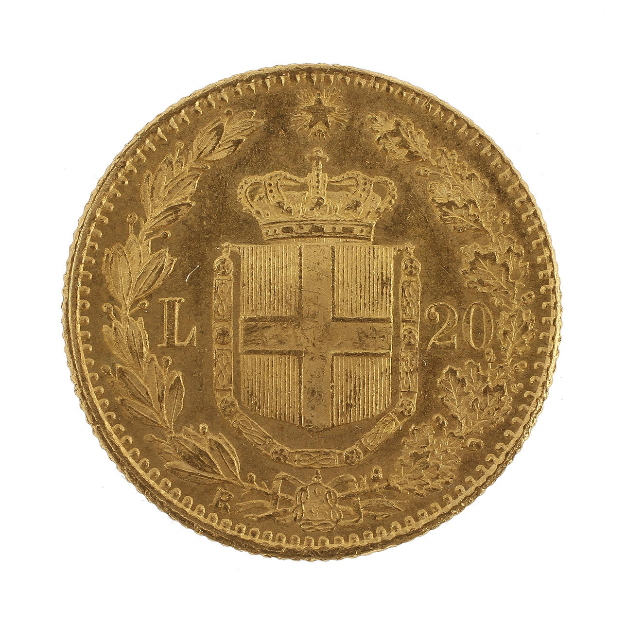 GULDMYNT, 20 Lire, Italien 1882, 6,4 gram.