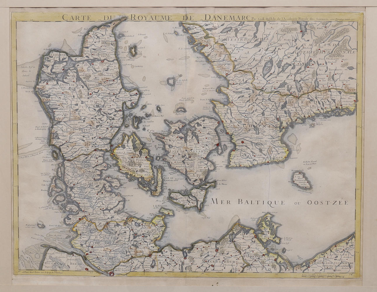 KARTA, Danmark, handkolorerat kopparstick,1700-tal.