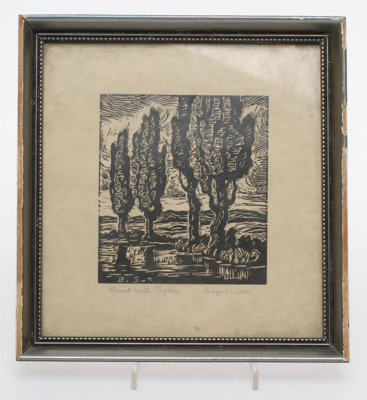 BIRGER SANDZÉN. Träsnitt, "Brook with Poplars", signerad.