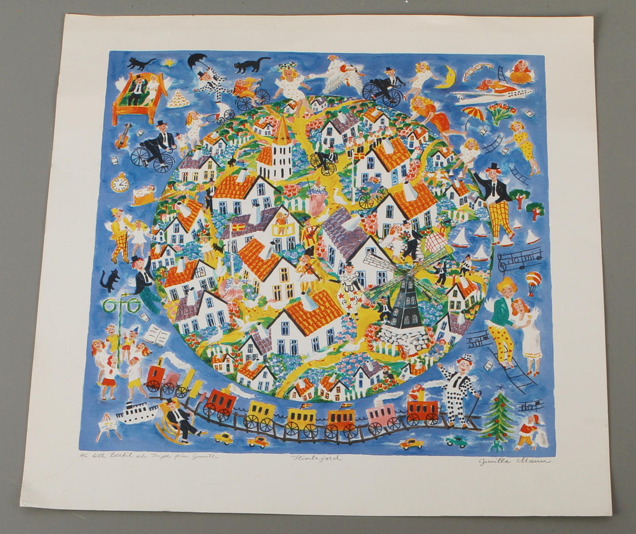 GUNILLA MANN. Färglitografi, "Himlajord", Signerad, dedikerad HC upplaga.