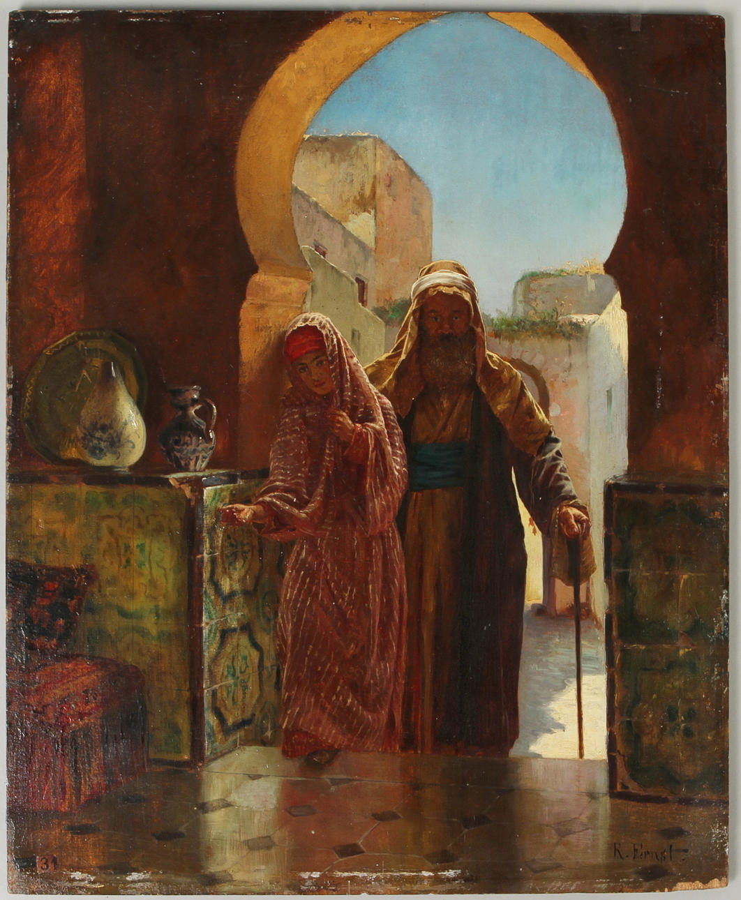 RUDOLF ERNST (1854-1932). TILLSKRIVEN. Hemkomsten, olja på pannå, signerad R. Ernst.
