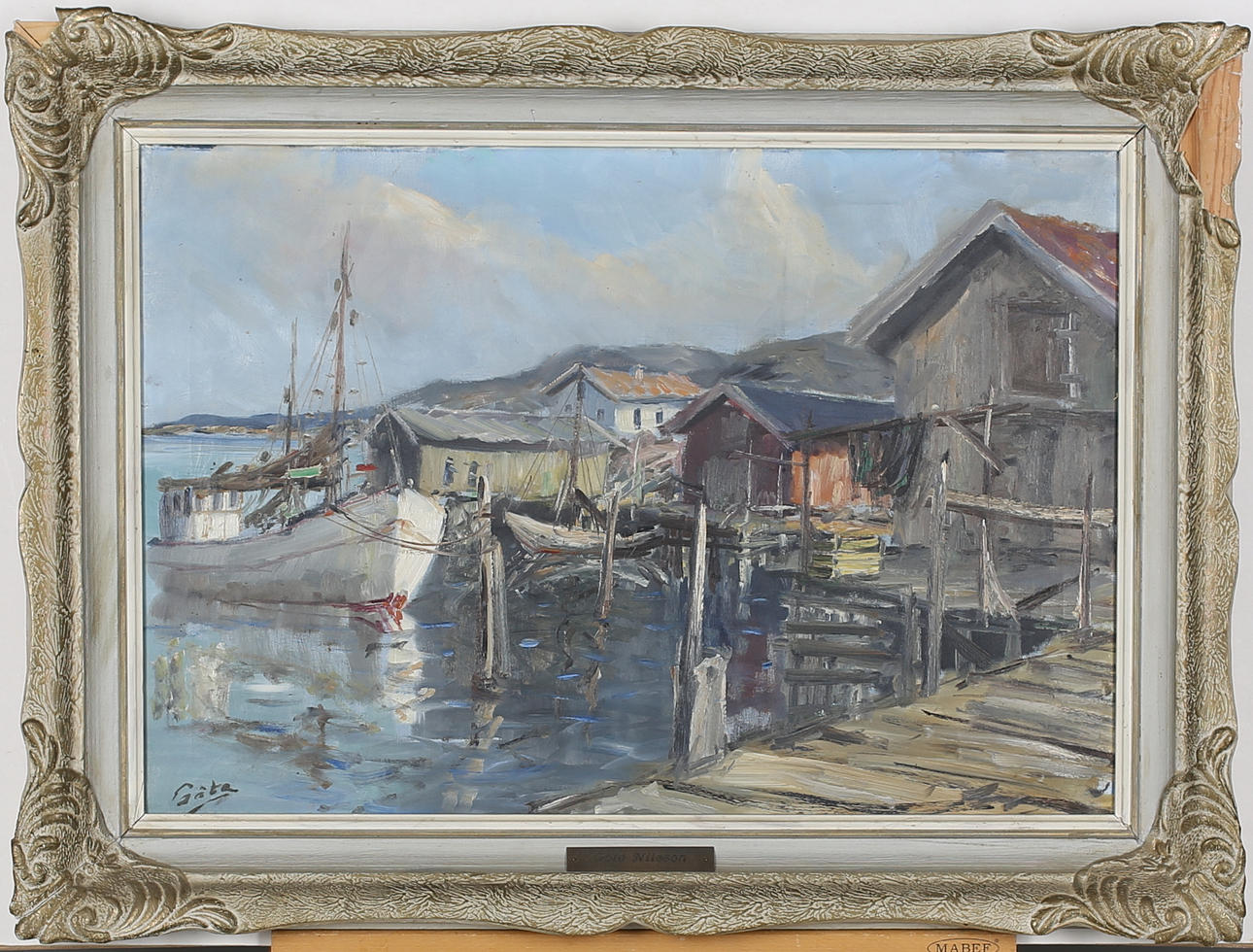 GÖTE NILSSON. Motiv från Västkusten med fiskebåt. Olja på duk. Signerad Göte.