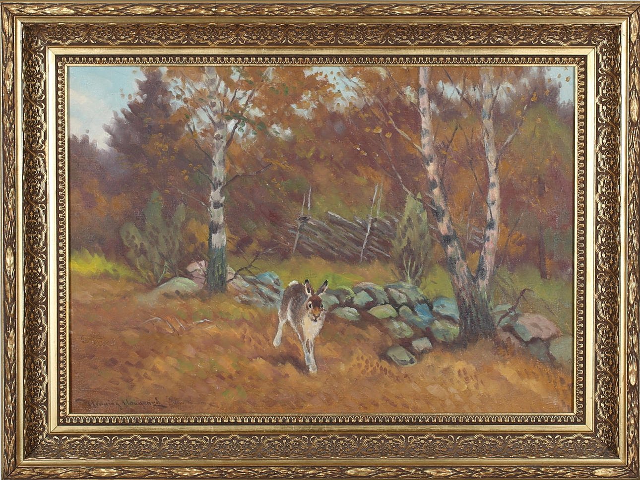 HENNING HOUGAARD. Hare i landskap. Olja på duk. Signerad.