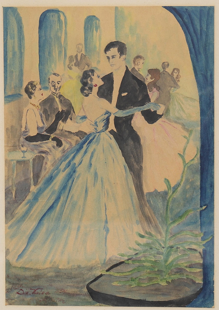 OIDENTIFIERAD KONSTNÄR. Watercolour, dancing couple at ball, signed, dated 1954.