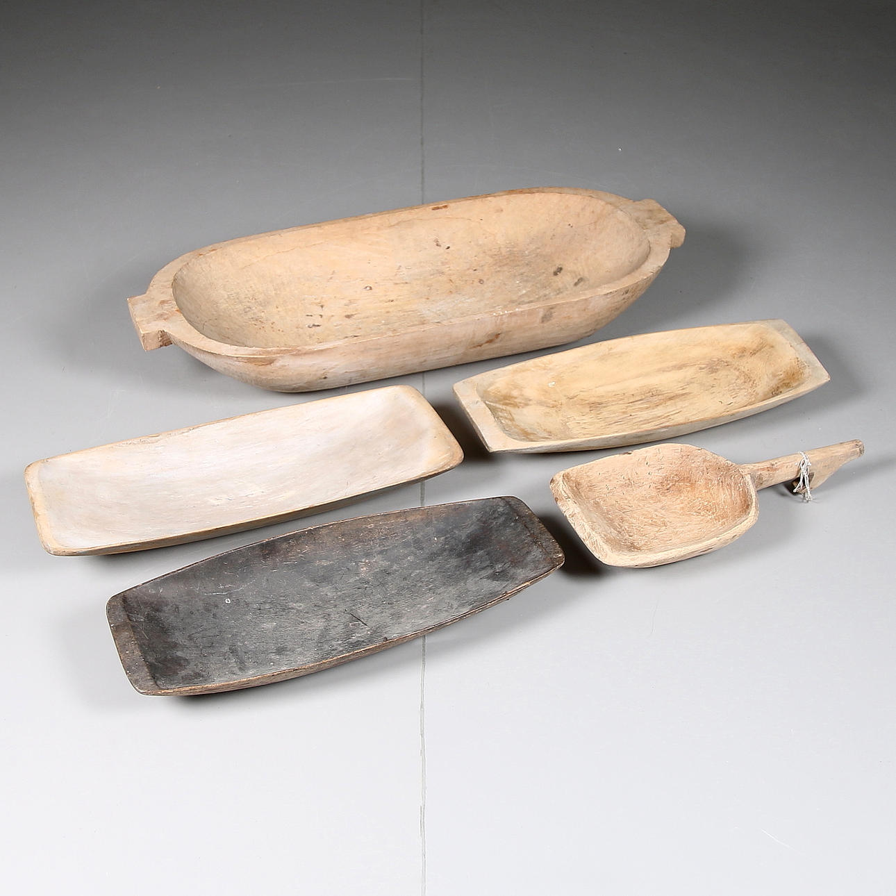 PARTI ALLMOGE, 4 st tråg samt skopa, 18/1900-tal.