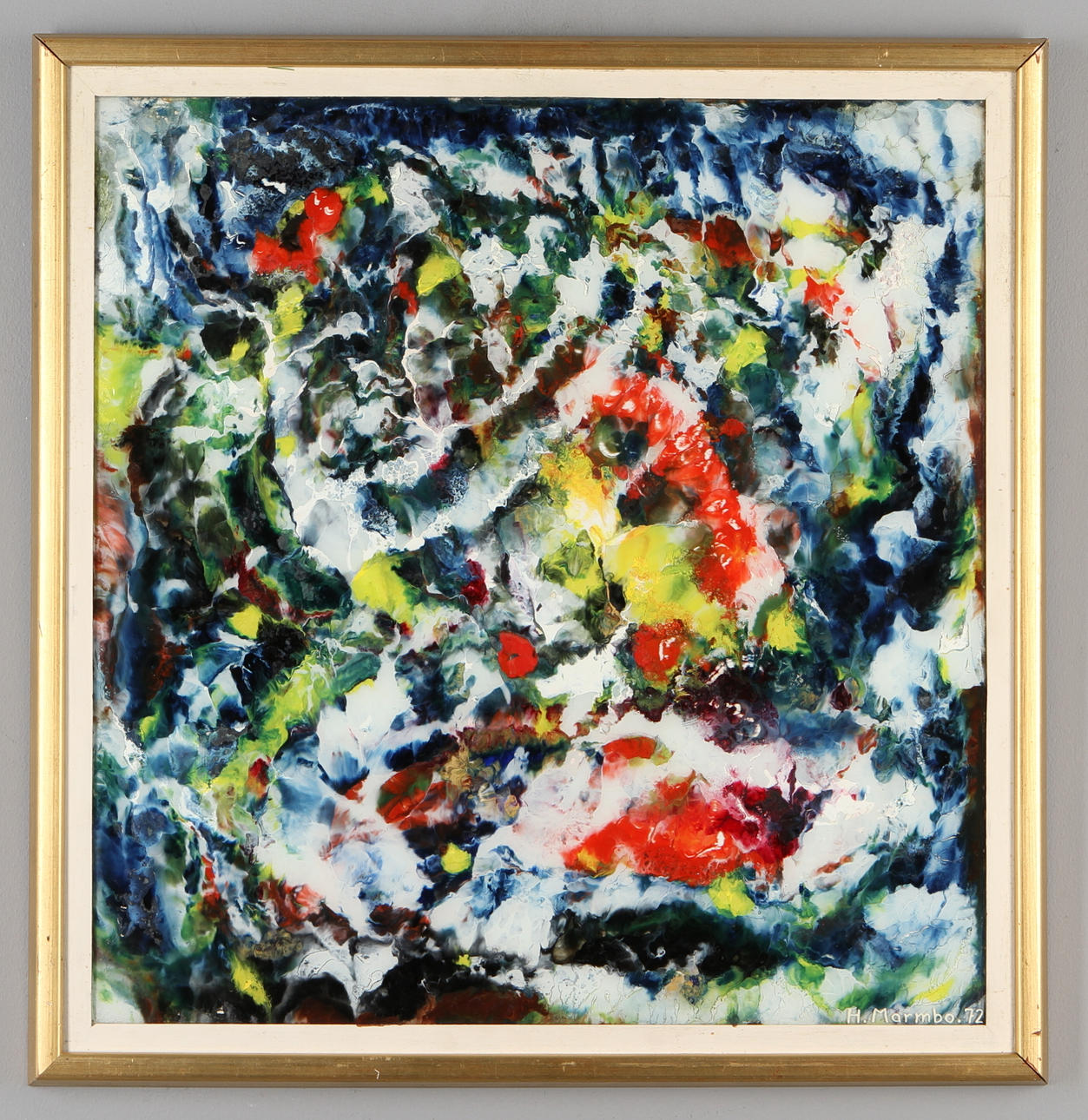 HANS EMIL MARMBO. Komposition, blandteknik på glas, signerad och daterad -72.