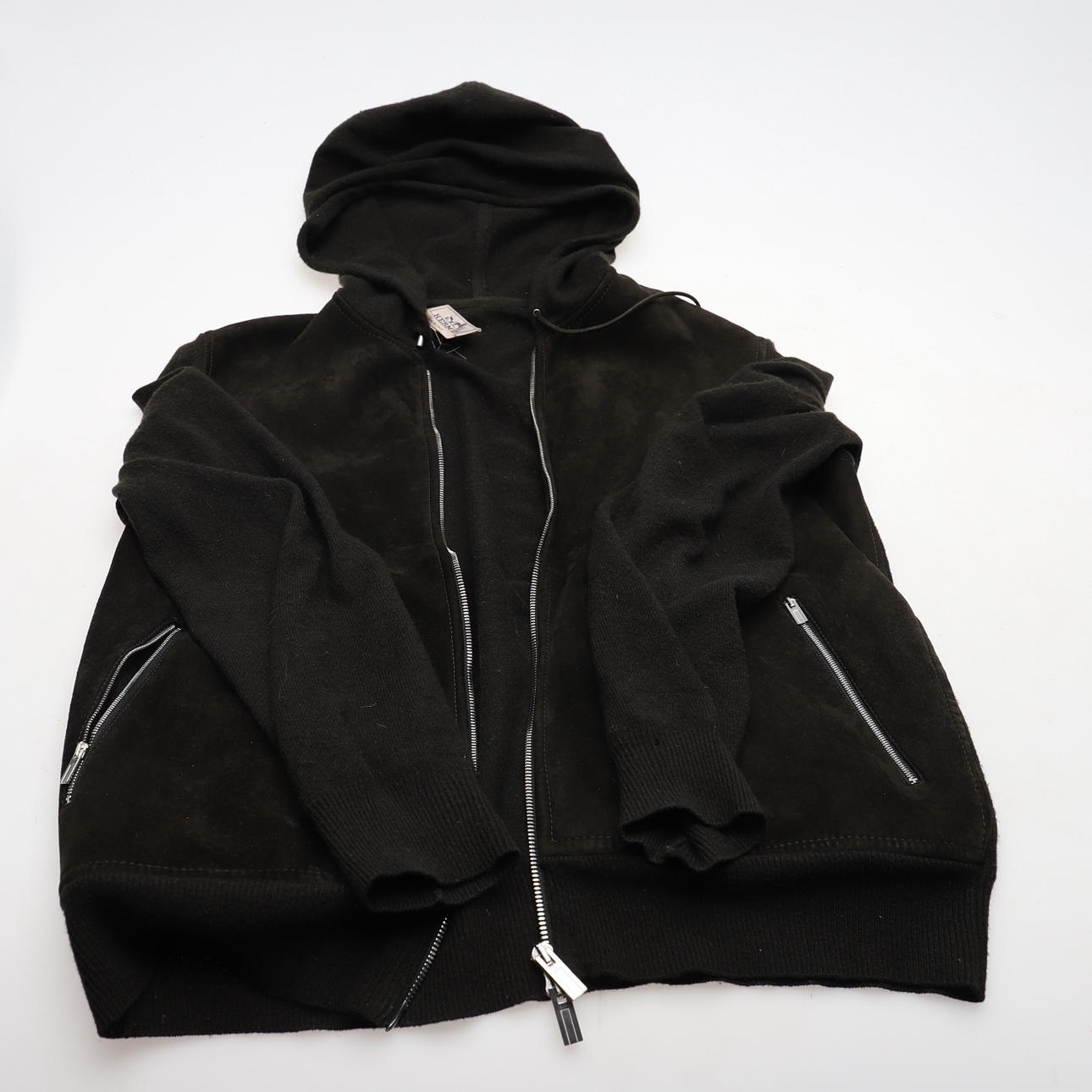 HERMES, A BLACK CASHMERE AND SUEDE HOODED JACKET.